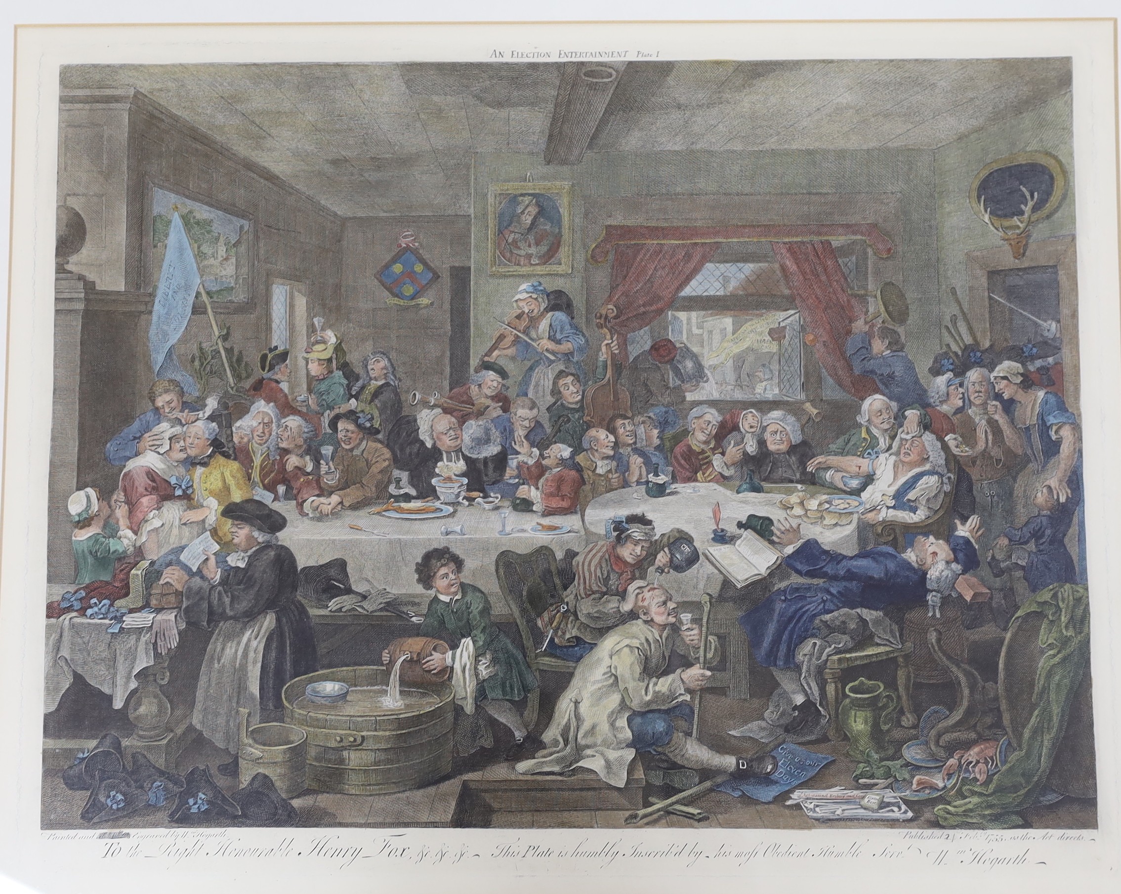 After William Hogarth, set of four hand coloured engravings, 'The Election Series', visible sheet, 46 x 58cm
